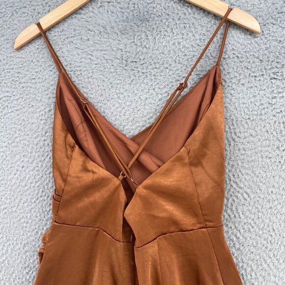 Lulus Dress Women Extra Small Hot Night Out Bronze Satin Surplice Faux Wrap Mini - Picture 5 of 11